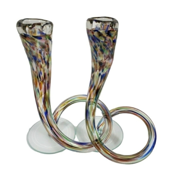 Vintage Candlesticks Hand Blown Michael Hudson Twisted Glass Confetti Set of 2